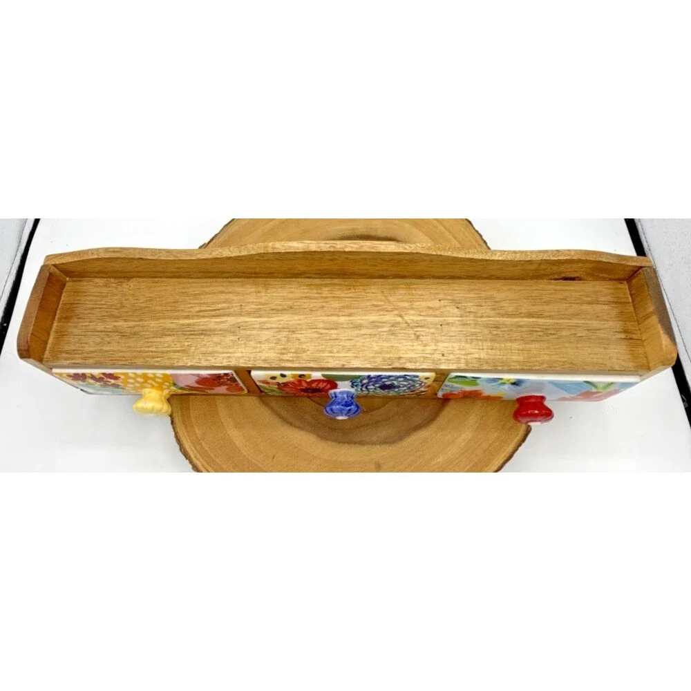 The Pioneer Woman Spice Rack Wood Shelf Ceramic 3-Drawers Bin Floral Melody